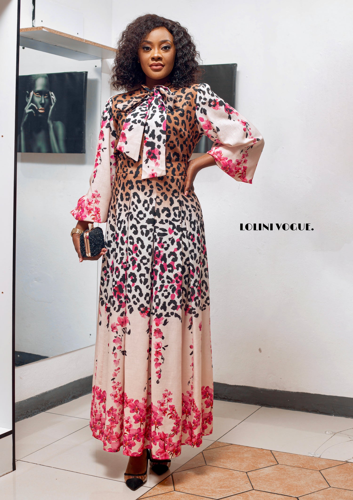 animal print 2 piece set suit in pink comes with an ankle length skirt and long balloon sleeve top