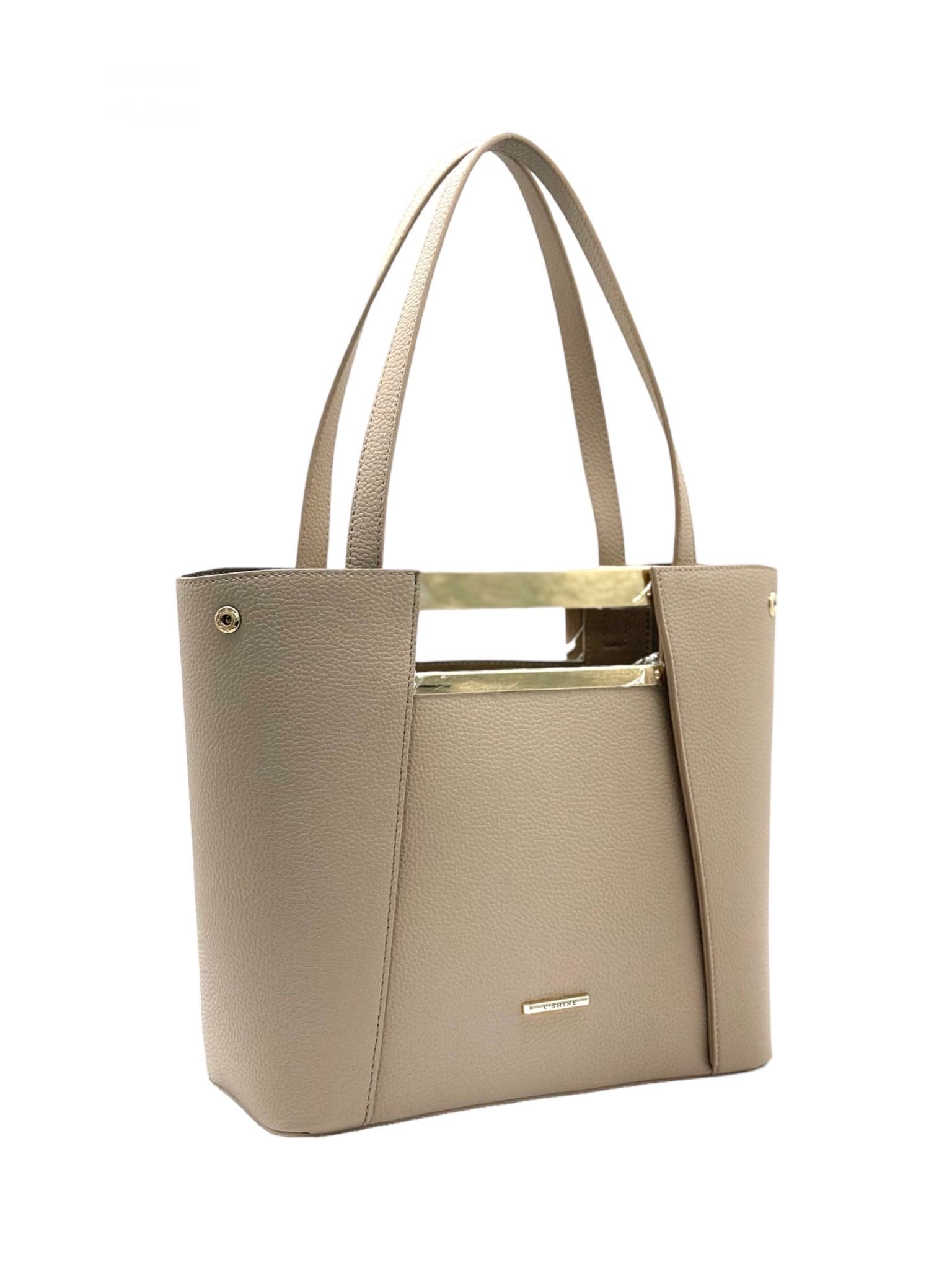 Beige tote handbag with metallic detail- Lolini Vogue 