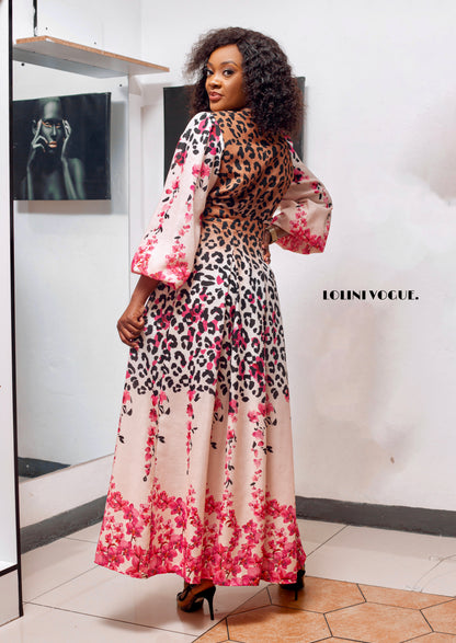 animal print 2 piece set suit in pink comes with an ankle length skirt and long balloon sleeve top