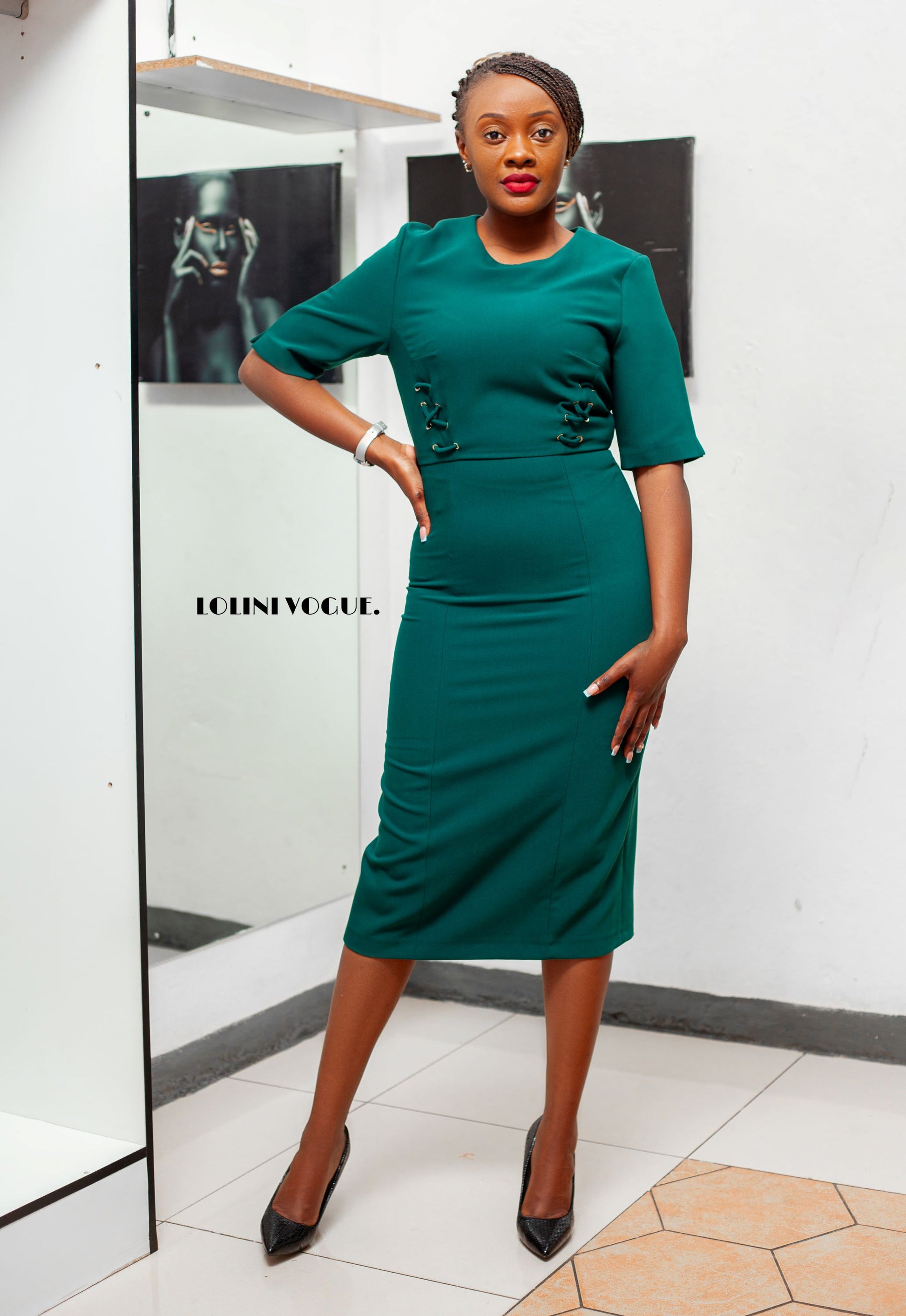 dark green pencil midi dress 