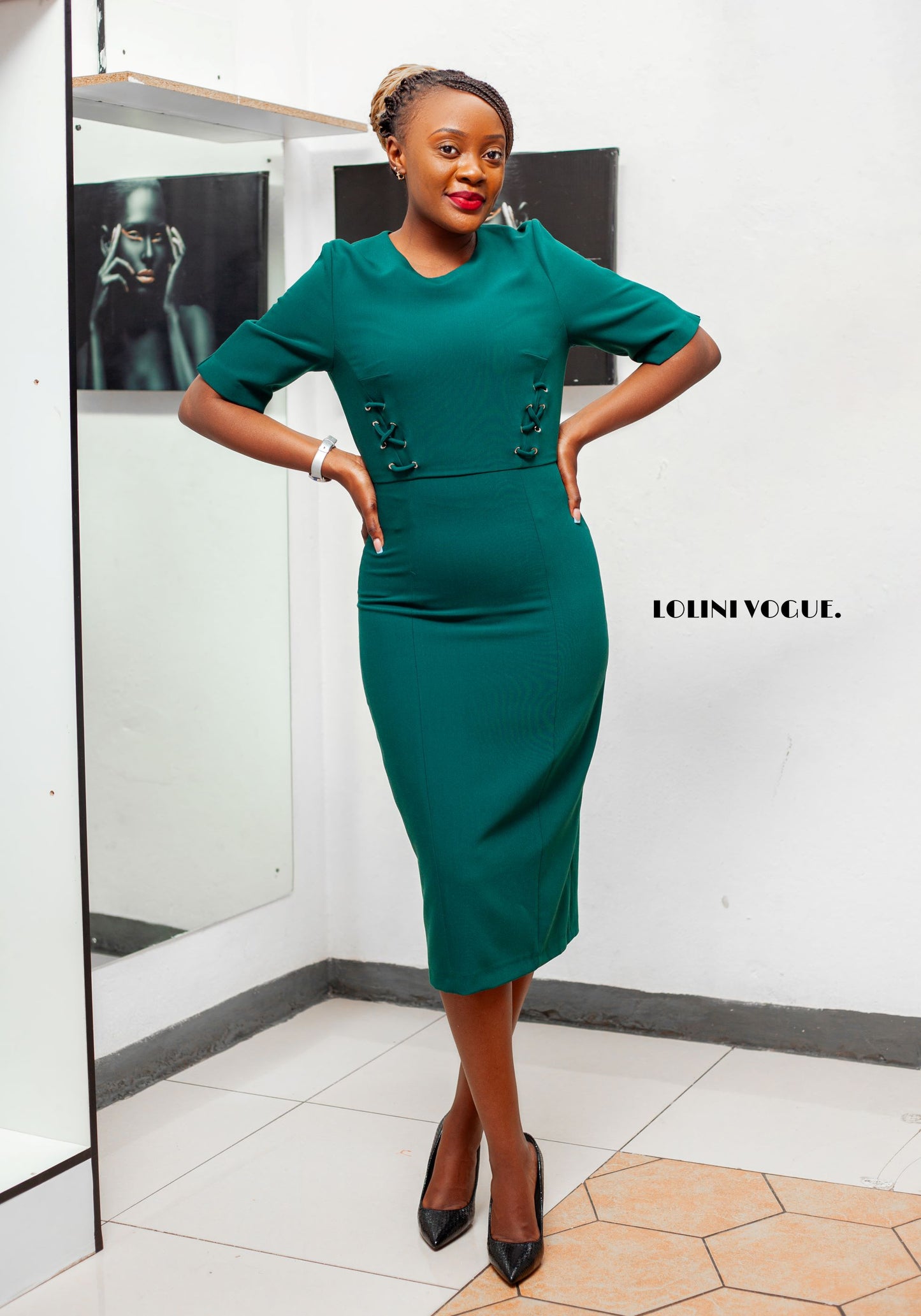 dark green pencil midi dress 