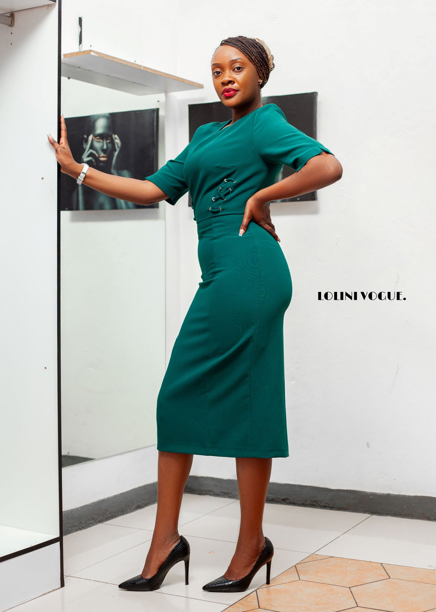 dark green pencil midi dress 