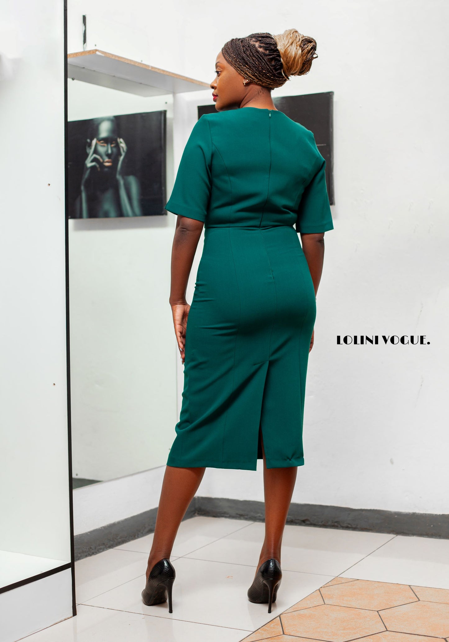 dark green pencil midi dress 