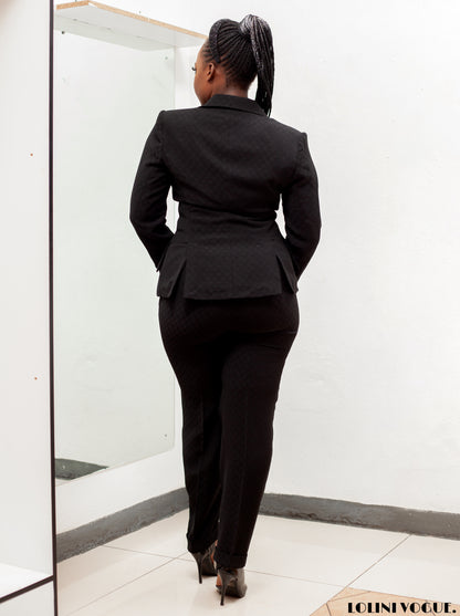 Black pant suit with cigarette pants and tailor fitted jacket