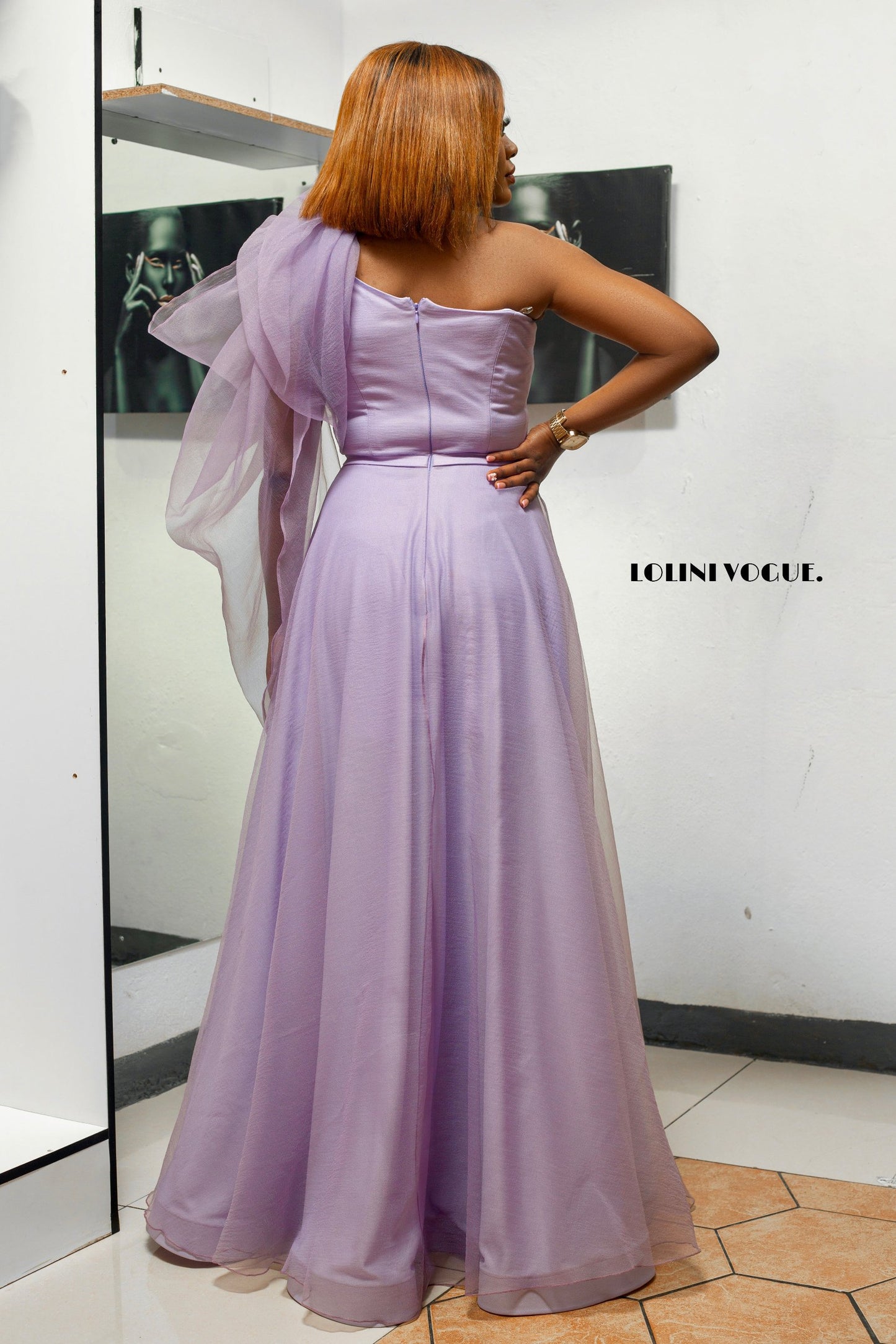 Lilac one shoulder maxi dress with a front slit