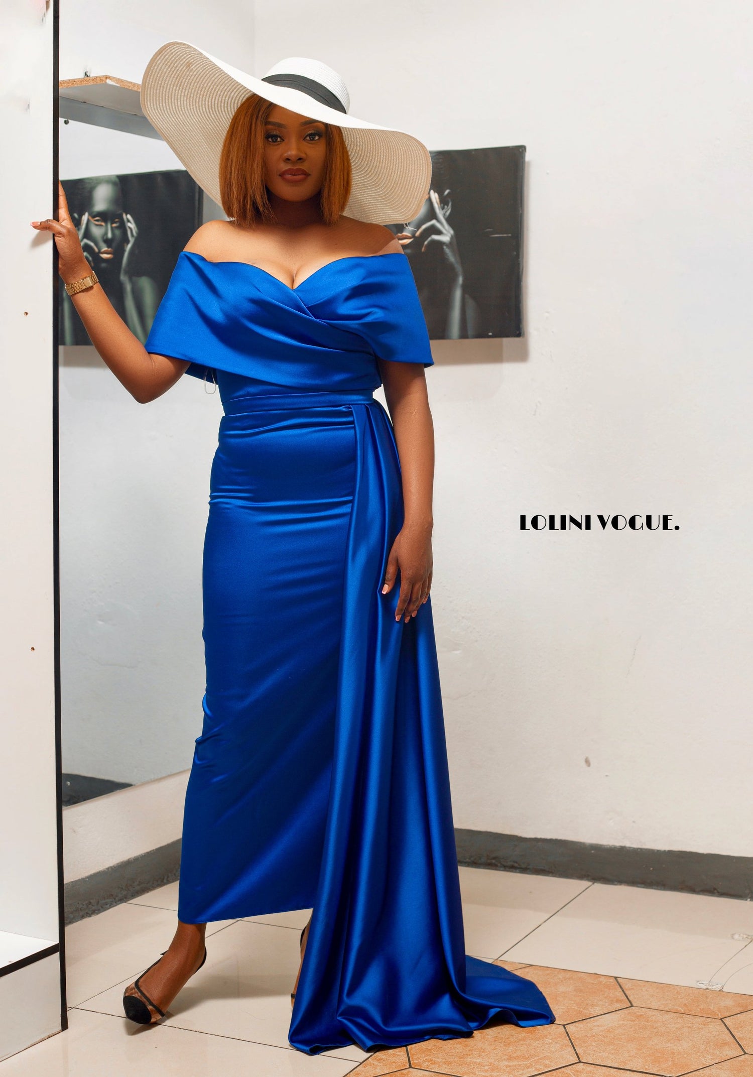 Royal blue Bardot ankle length dress