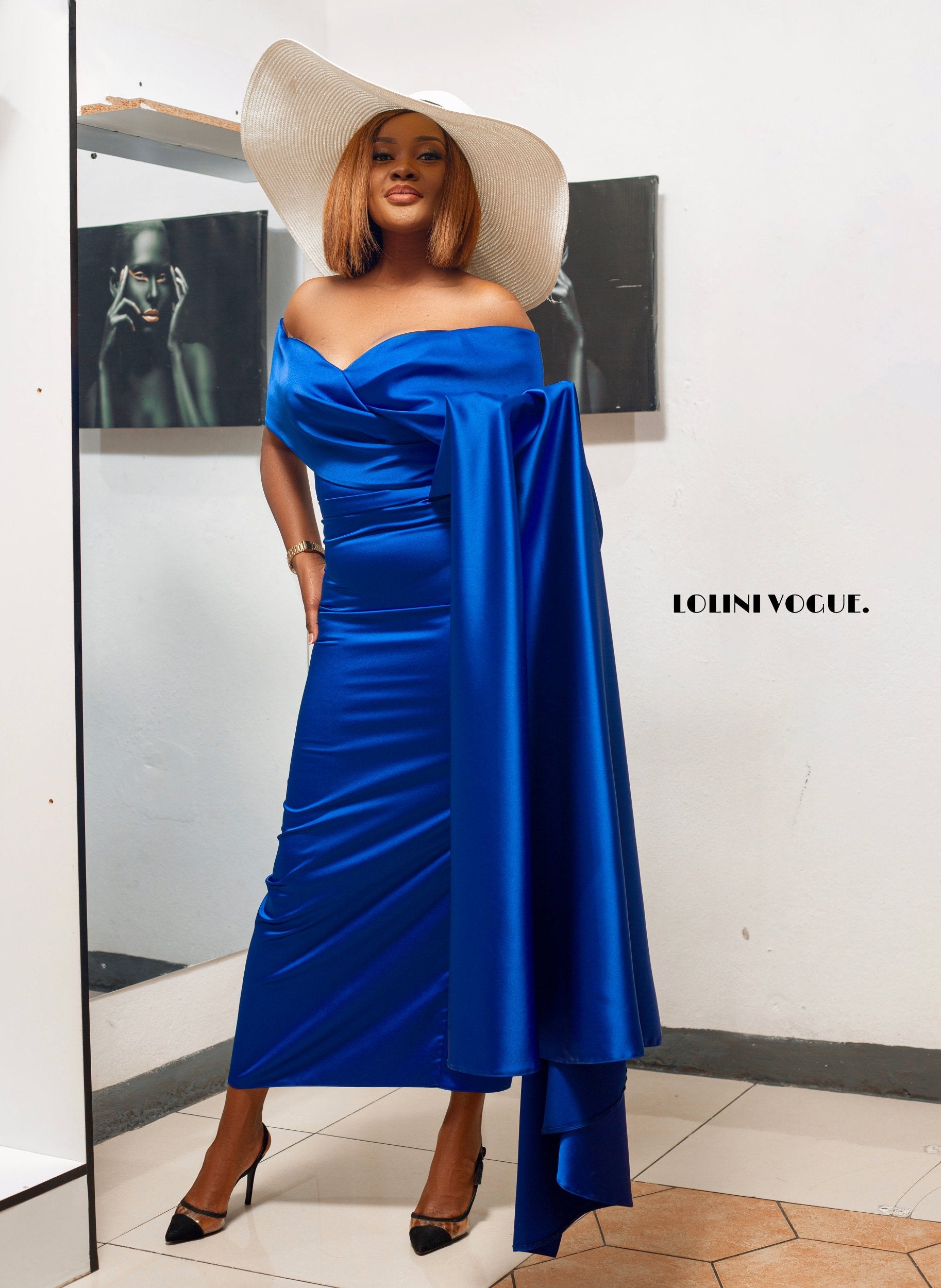 Royal blue Bardot ankle length dress