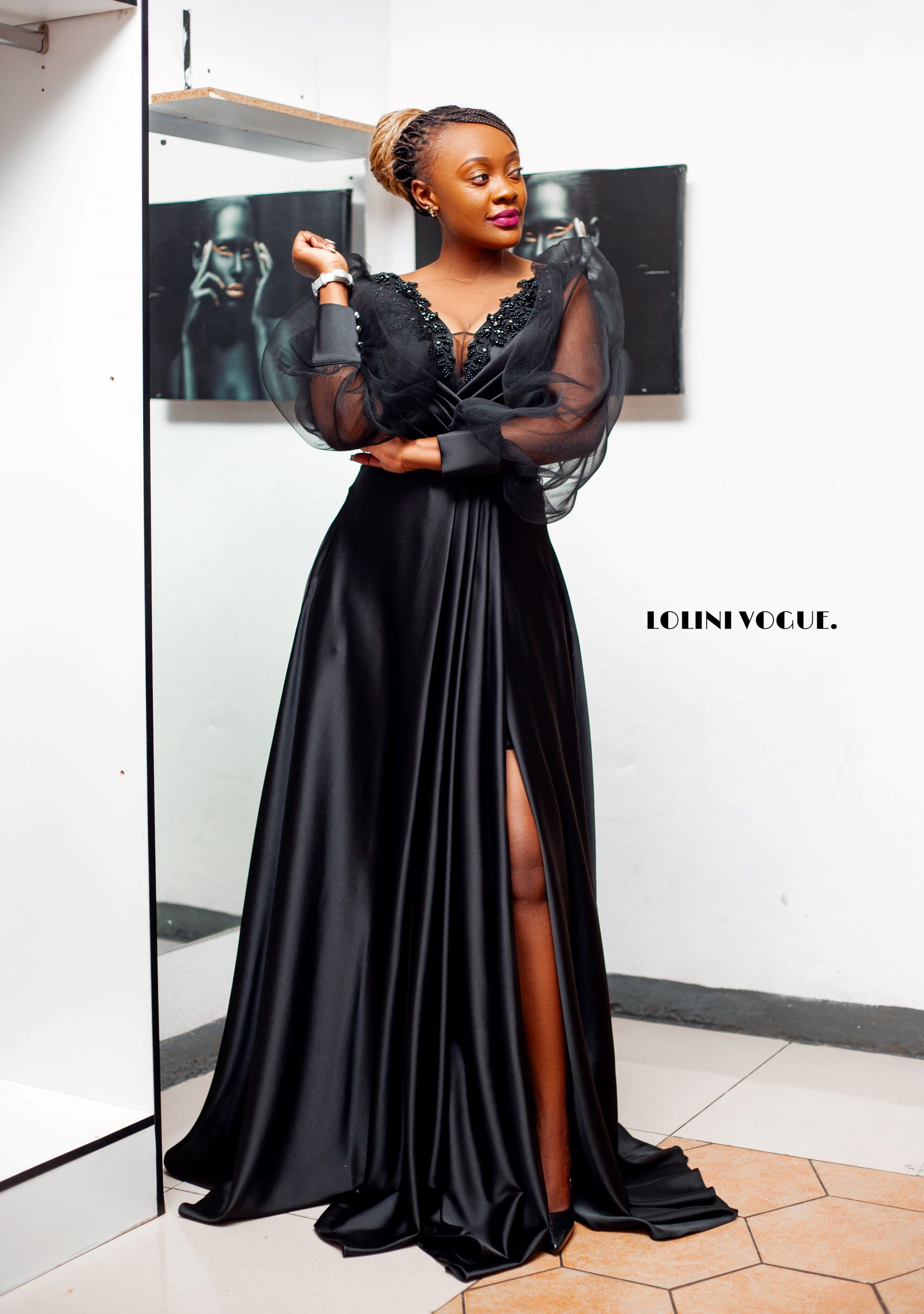 Black Flowy Gown with elegant Bell Sleeves | Lolini Vogue