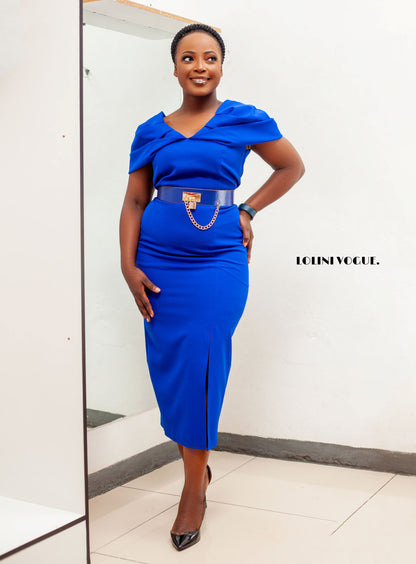 royal blue dress that comes with a belt and slit at the front