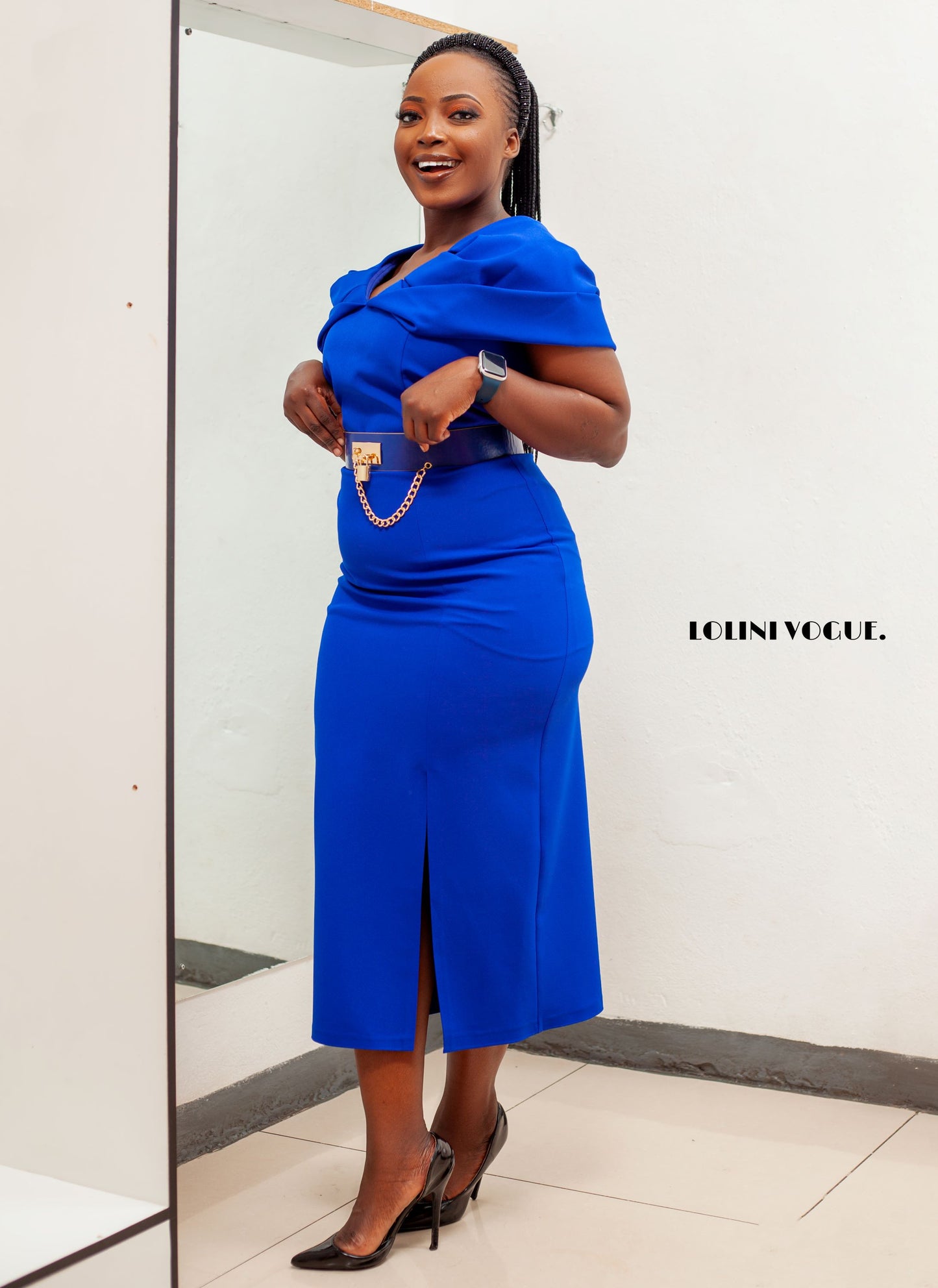 royal blue dress that comes with a belt and slit at the front