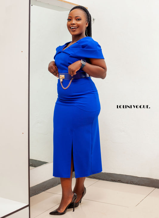 royal blue dress that comes with a belt and slit at the front