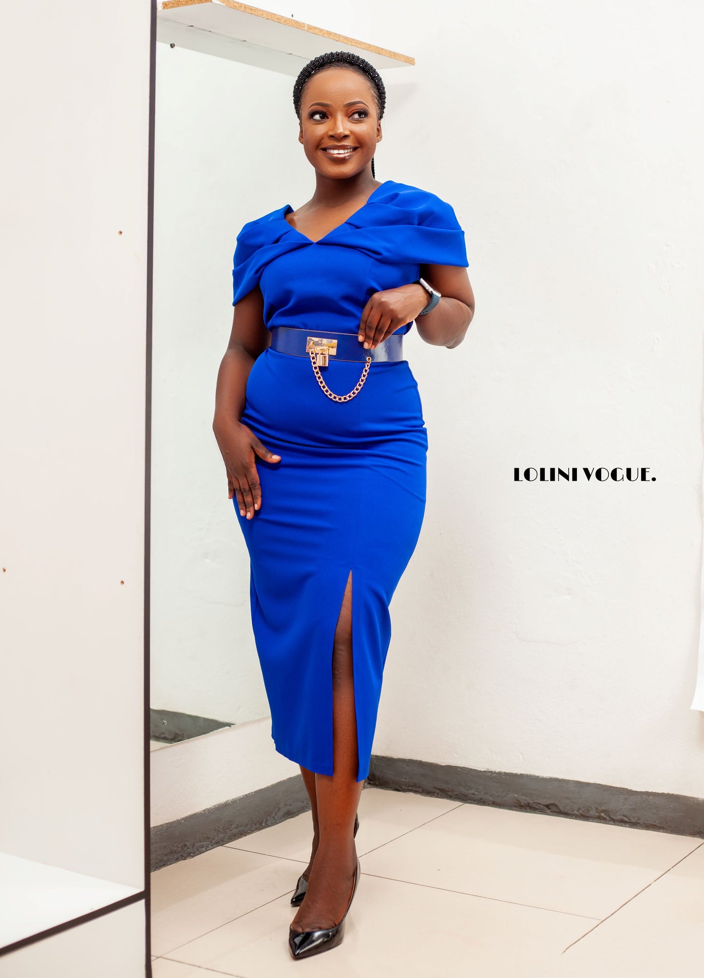 royal blue dress that comes with a belt and slit at the front