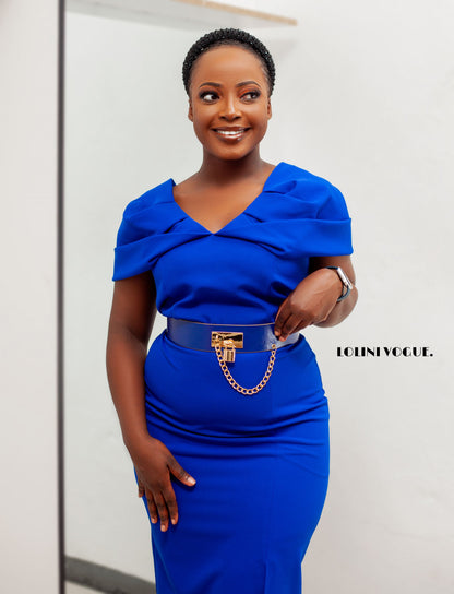 royal blue dress that comes with a belt and slit at the front