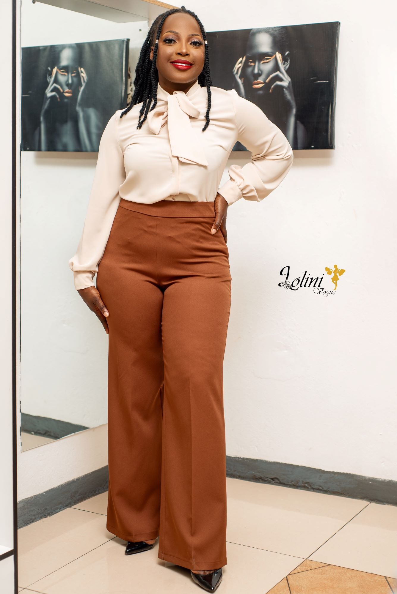 brown high waisted palazzo pants-Lolini Vogue