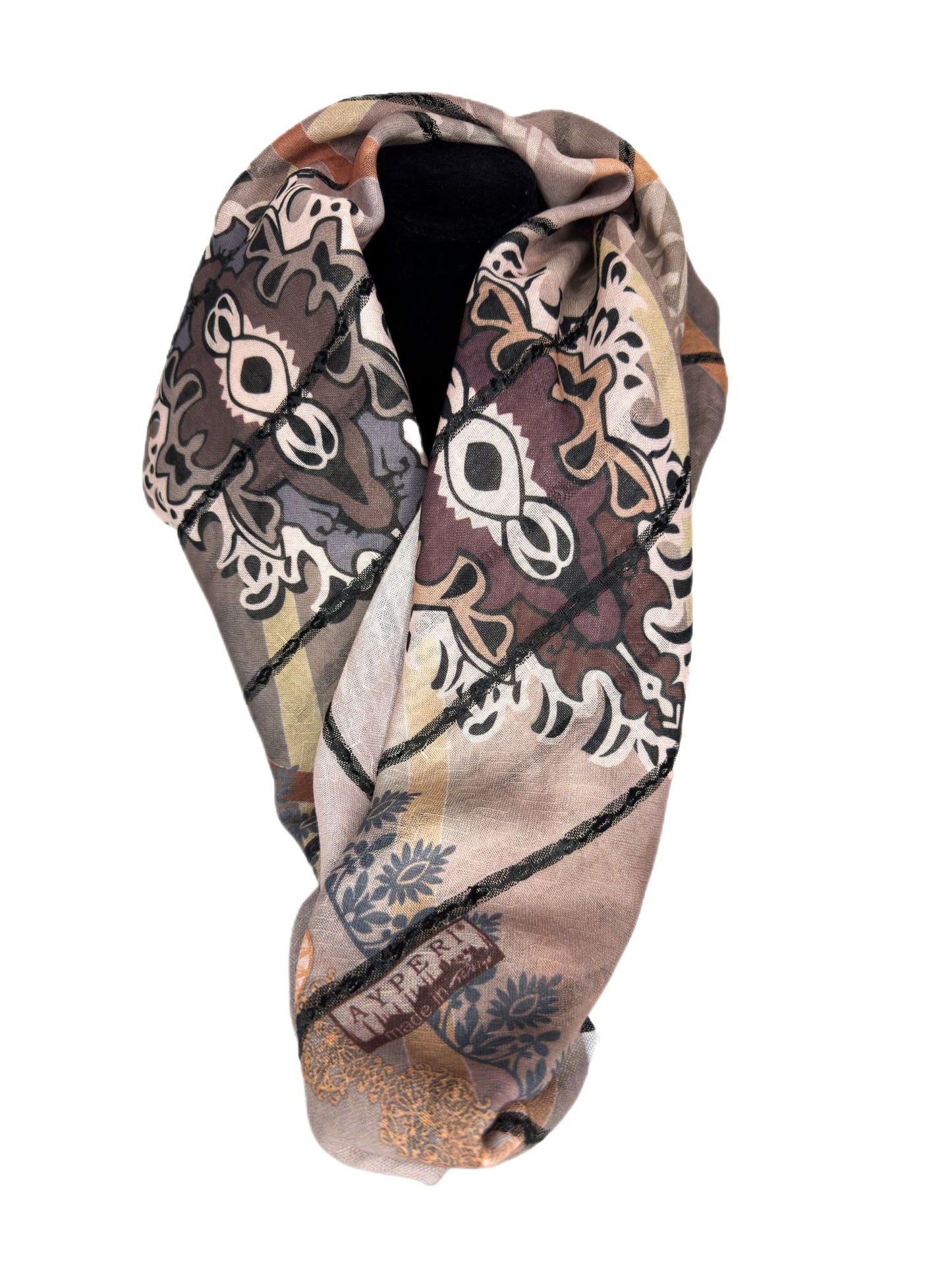 shades of brown with black patterned scarf-lolini vogue