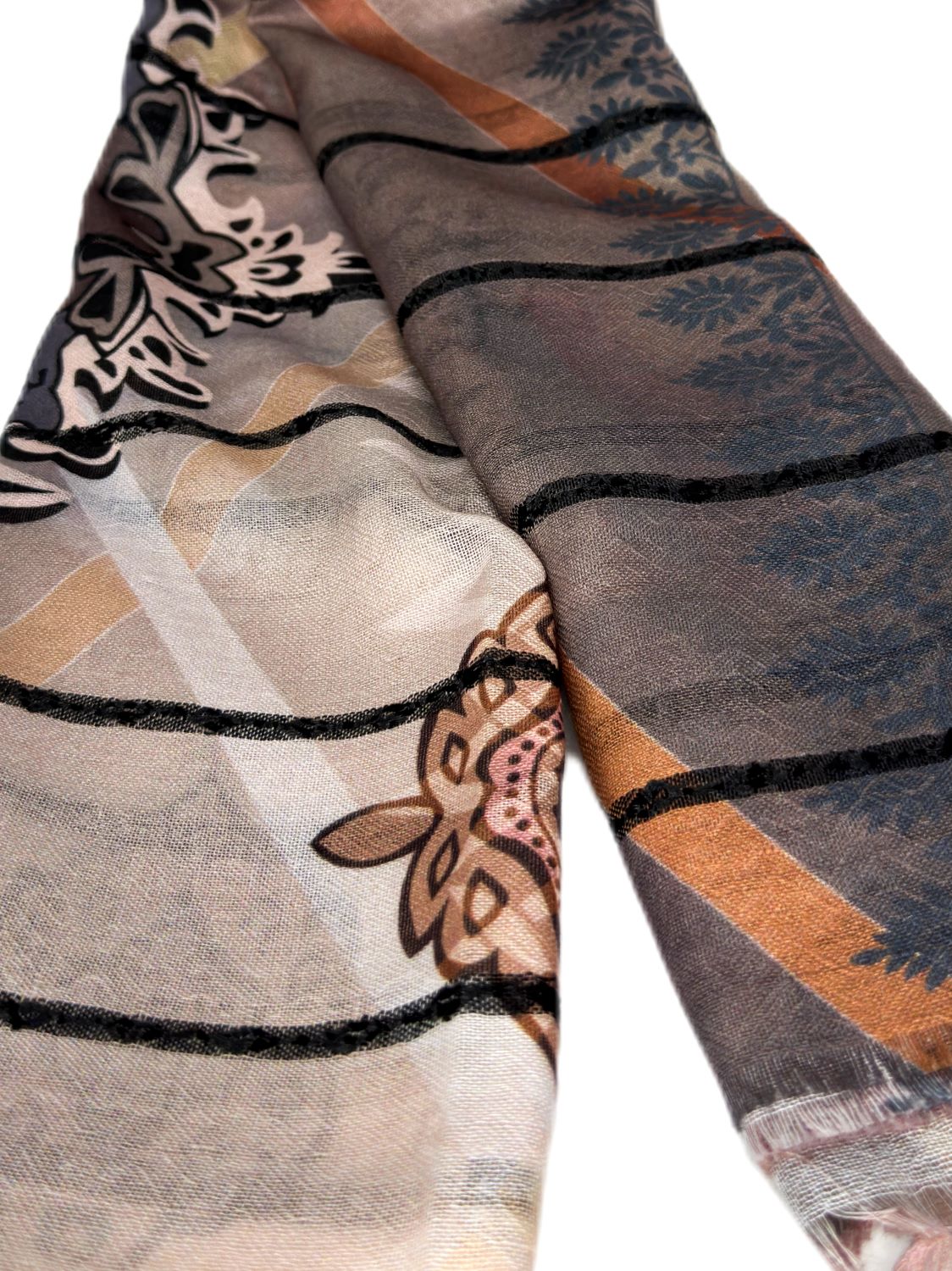 shades of brown with black patterned scarf-lolini vogue