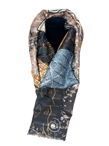 brown printed scarf with a touch of blue-lolini vogue