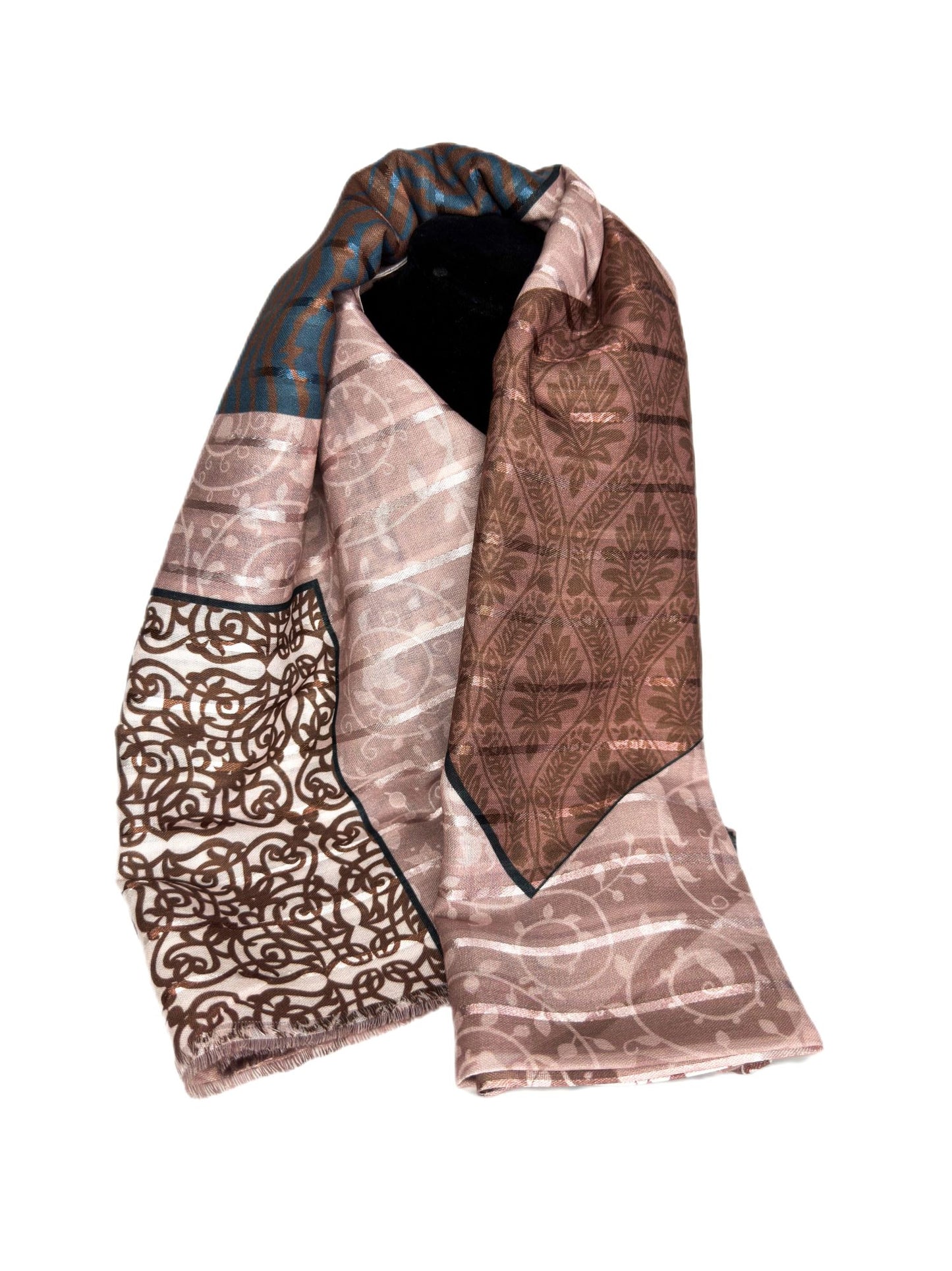 shades of brown with a touch of blue printed scarf-lolini vogue