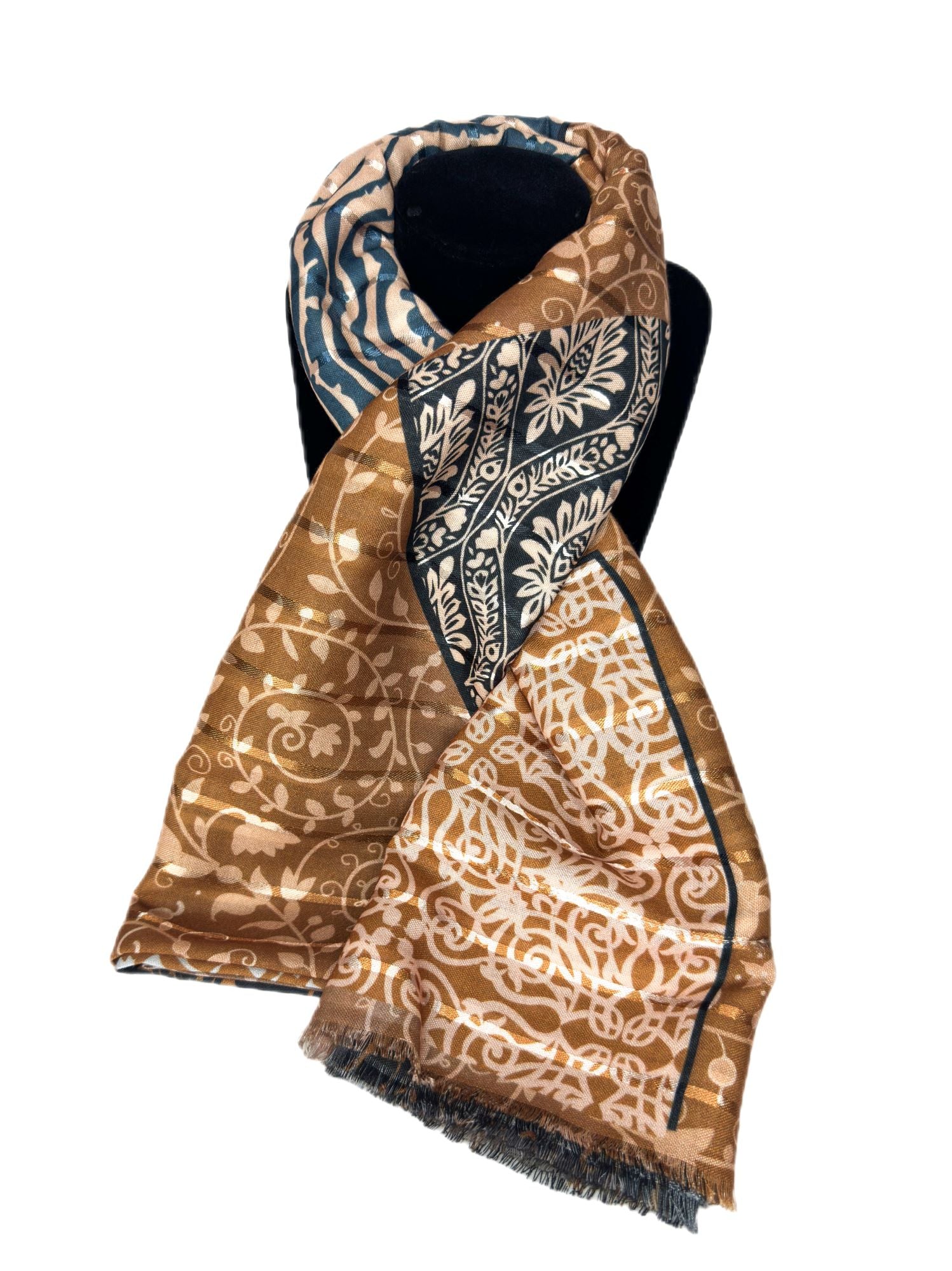 brown printed scarf with a touch of blue-lolini vogue