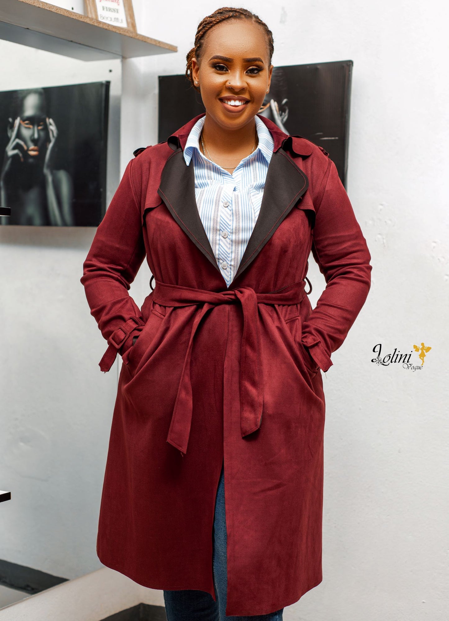 burgundy trench coat- lolini vogue