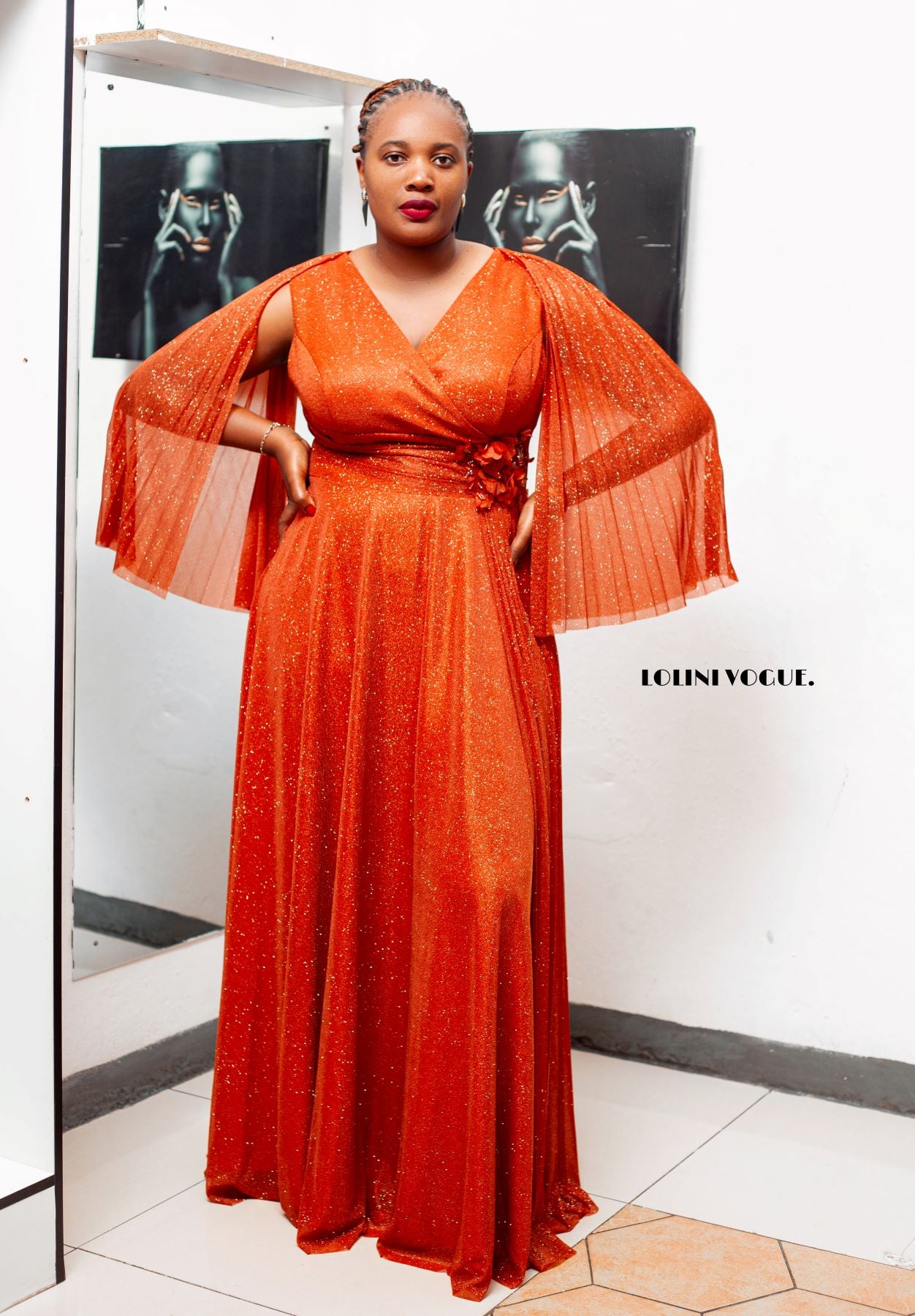 burnt orange maxi sparkly evening dress with cap sleeves in plus size