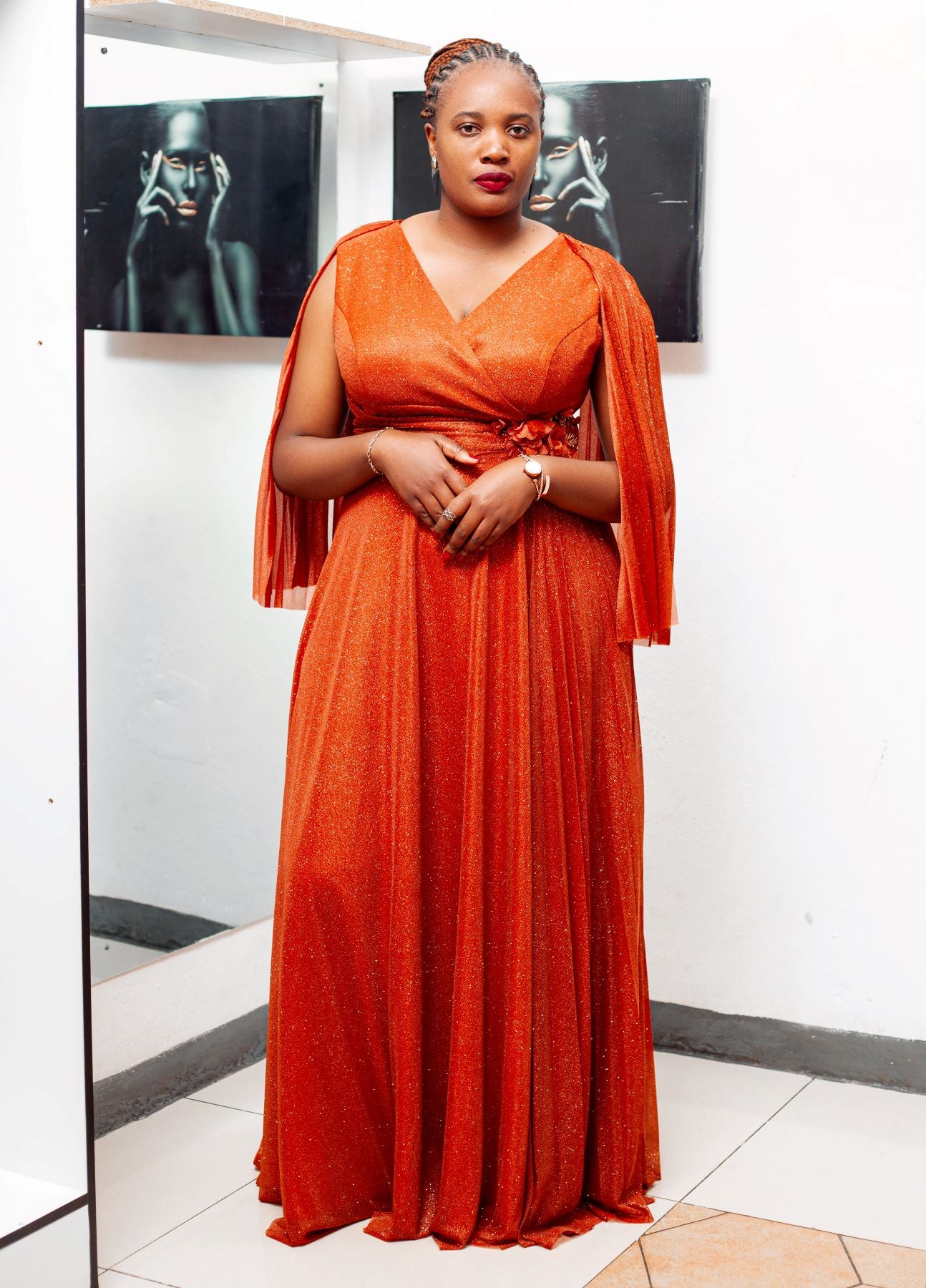 burnt orange maxi sparkly evening dress with cap sleeves in plus size