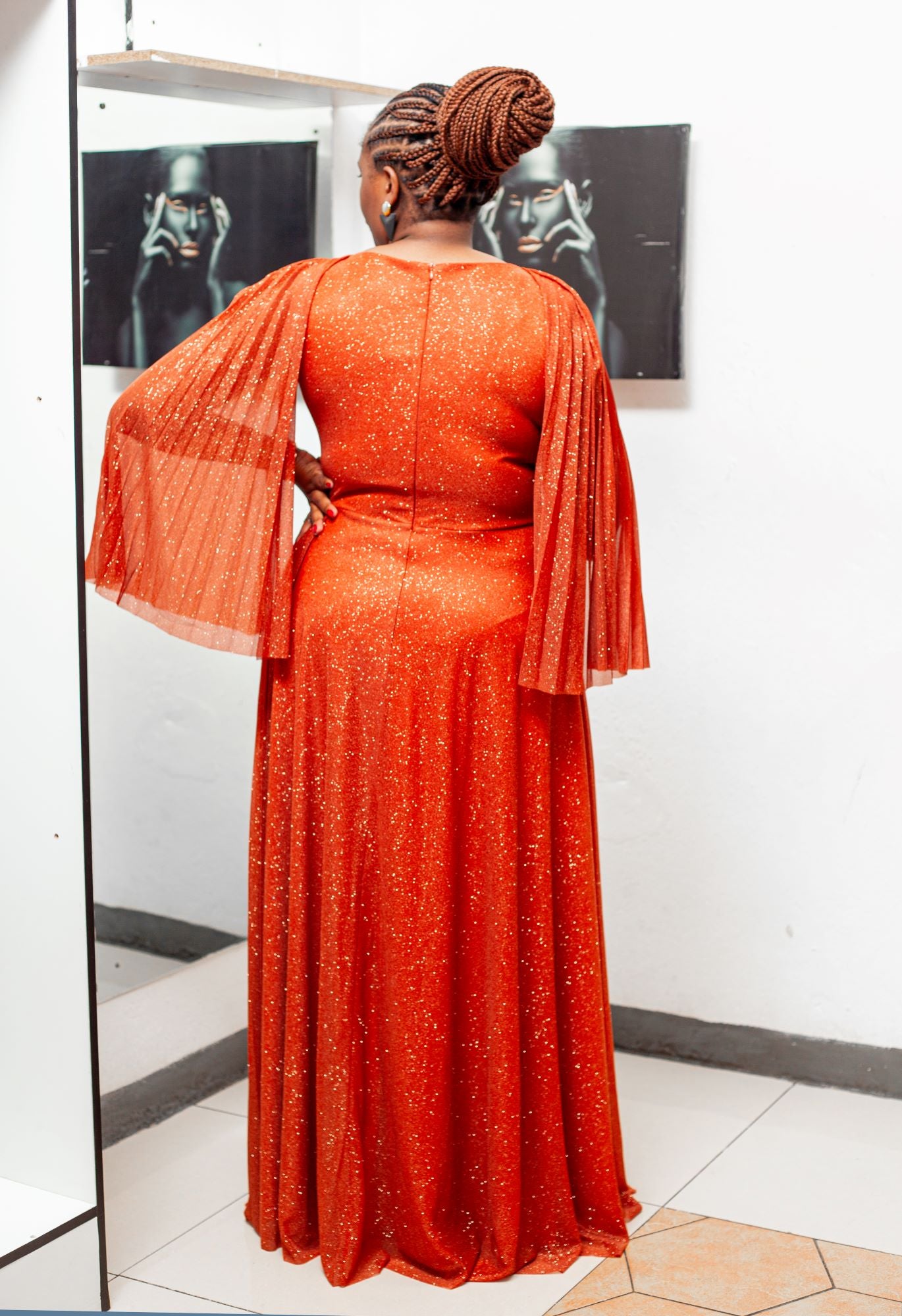 burnt orange maxi sparkly evening dress with cap sleeves in plus size