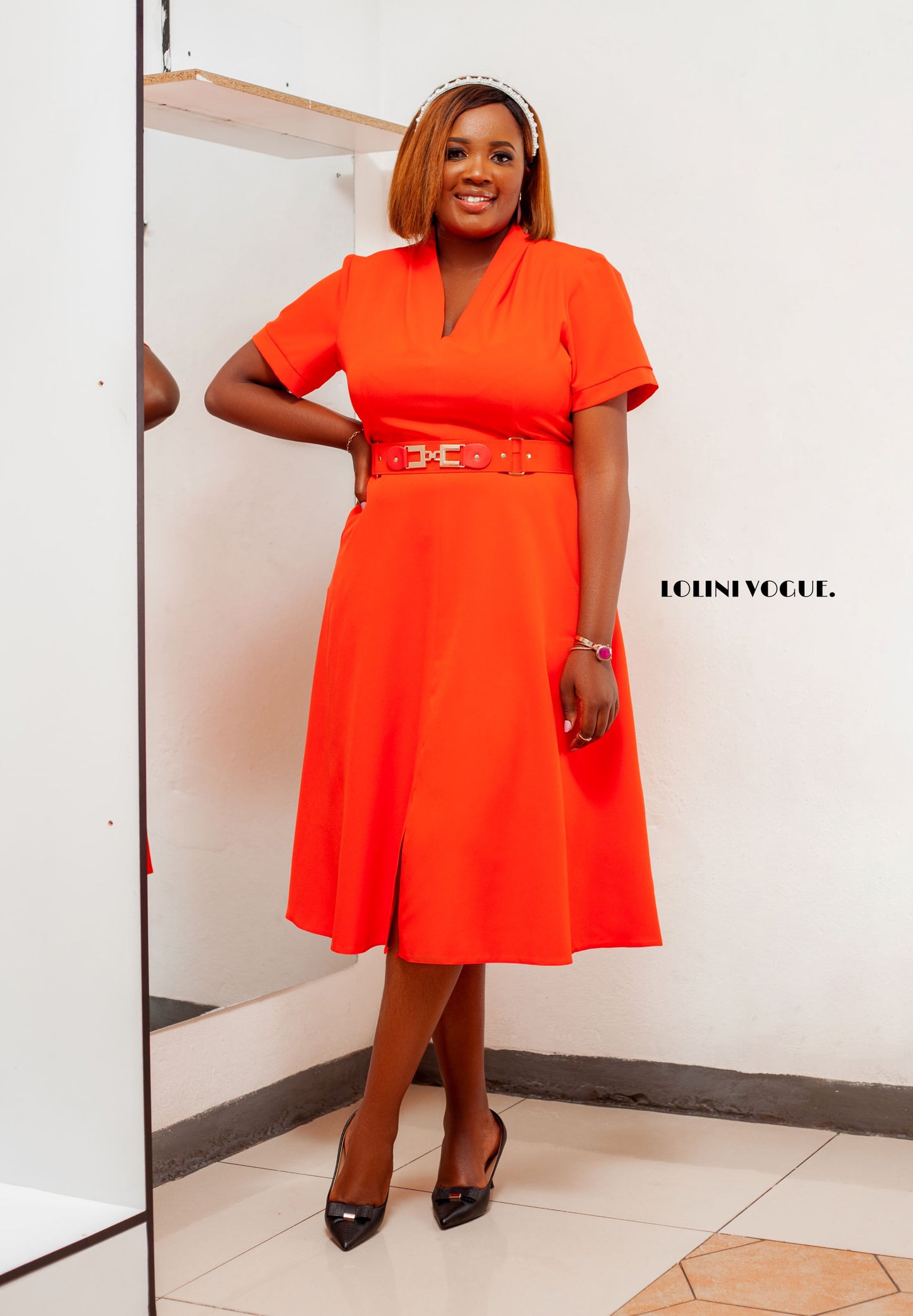 coral belted flared dress with side pockets and  front slit