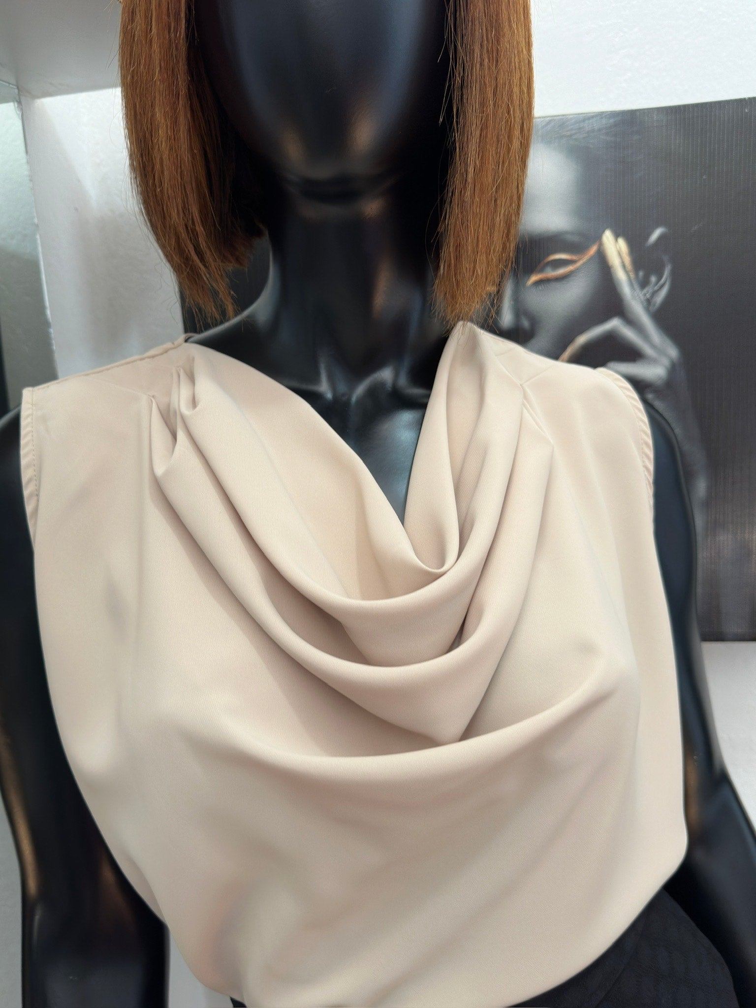 Beige cowl sleeveless top