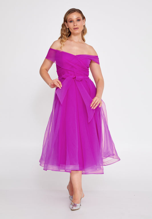 fuchsia flared dress with a wrap off shoulder neckline