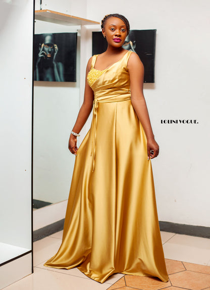 gold sleeveless evening gown with front pearl details