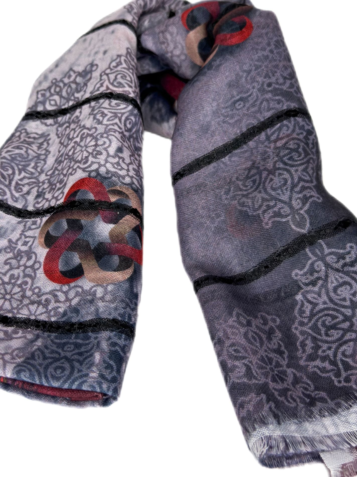 light grey scarf with red printed details- lolini vogue