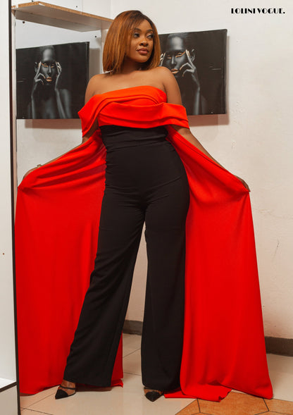 Palazzo fit jumpsuit in black with an orange back drape