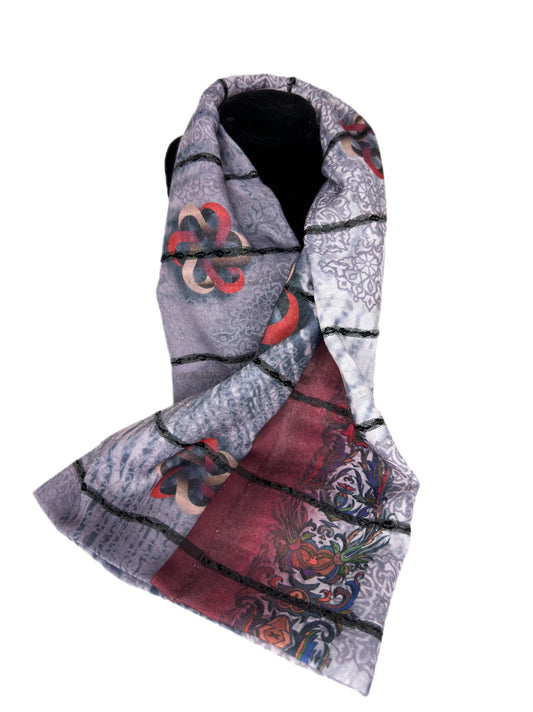 light grey scarf with red printed details- lolini vogue