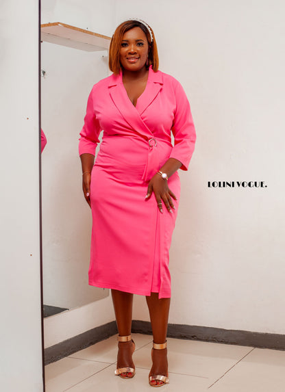 pink pencil dress with three quarter sleeves in plus size