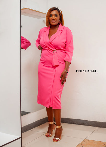 pink pencil dress with three quarter sleeves in plus size