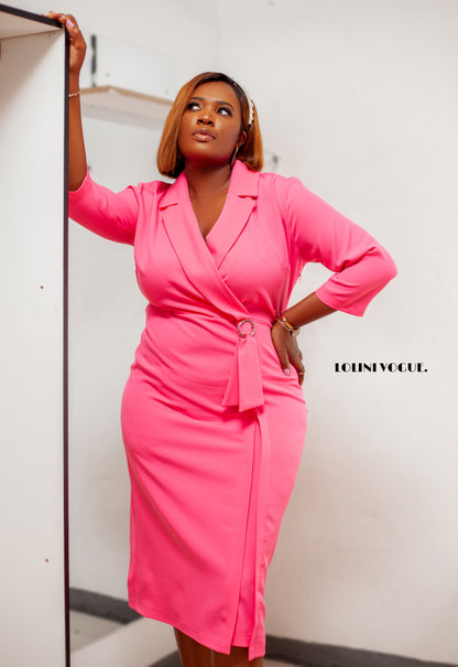 pink pencil dress with three quarter sleeves in plus size