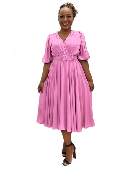 pink flowy midi belted dress-lolini vogue