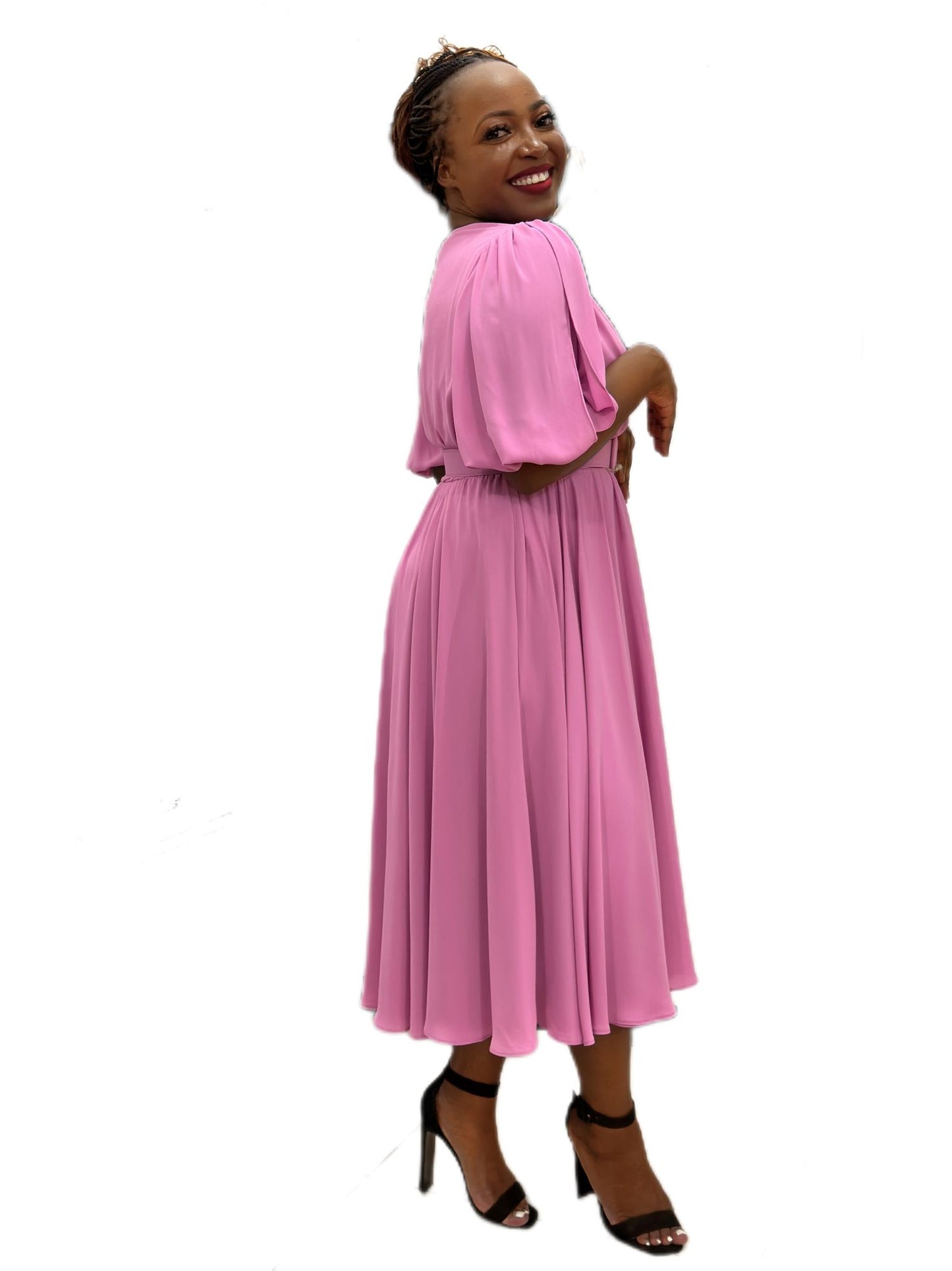 pink flowy midi belted dress-lolini vogue