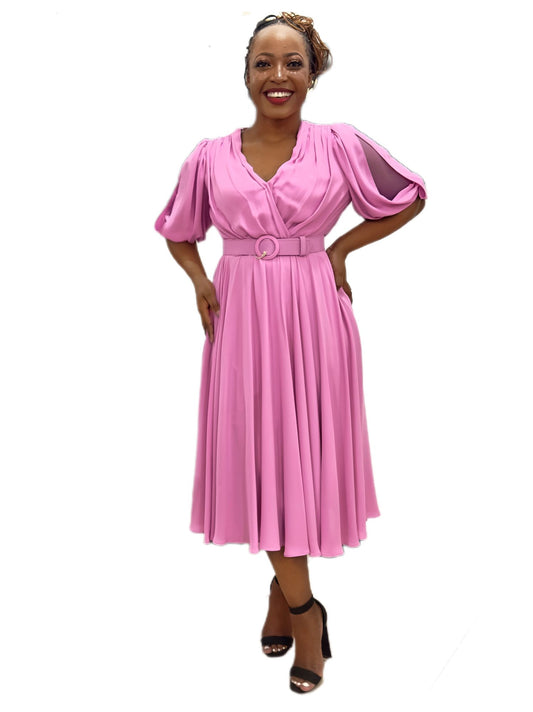 pink flowy midi belted dress-lolini vogue