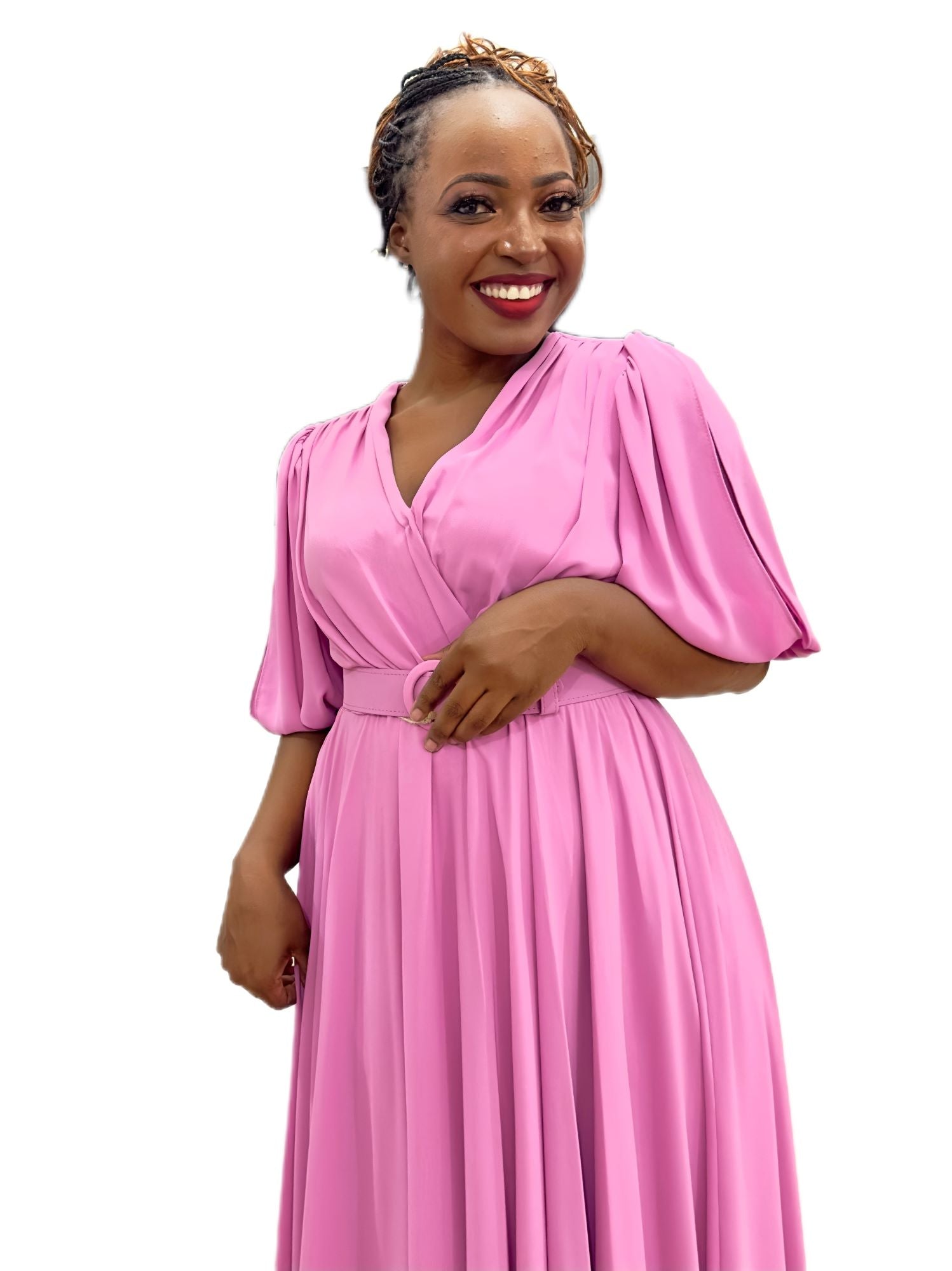 pink flowy midi belted dress-lolini vogue