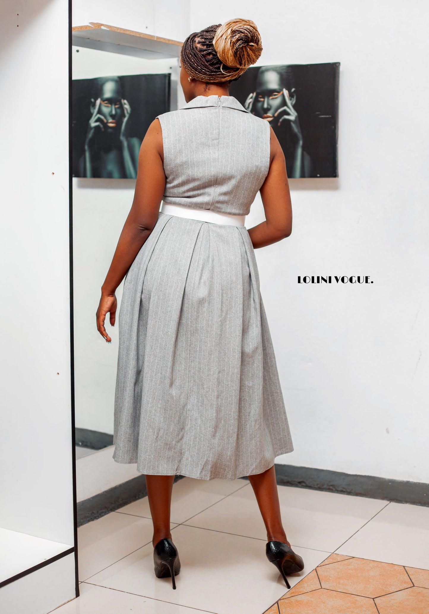 Pinstriped grey flared midi dress  