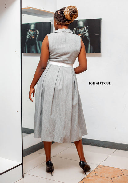 Pinstriped grey flared midi dress  