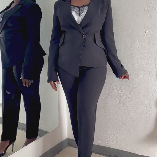 Black pant suit with cigarette pants and tailor fitted jacket- video