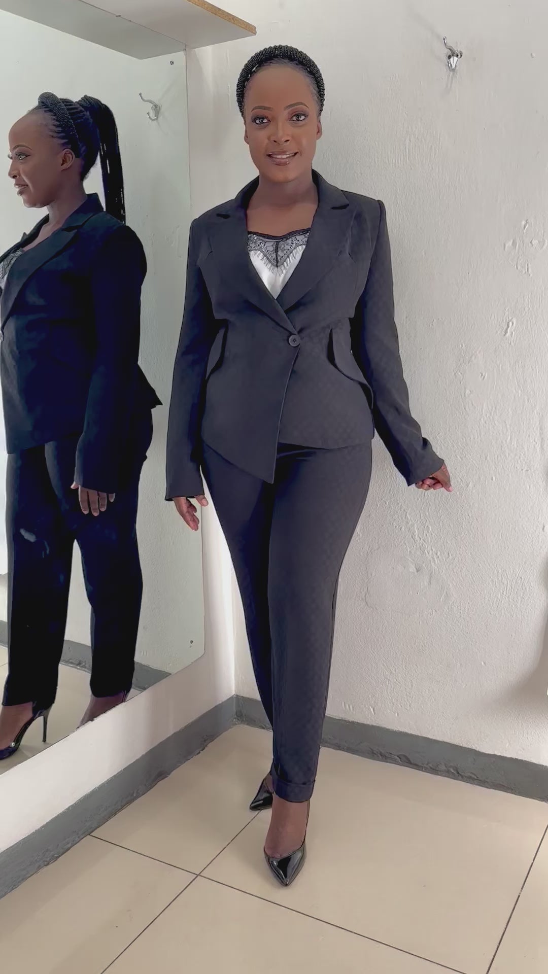 Black pant suit with cigarette pants and tailor fitted jacket- video