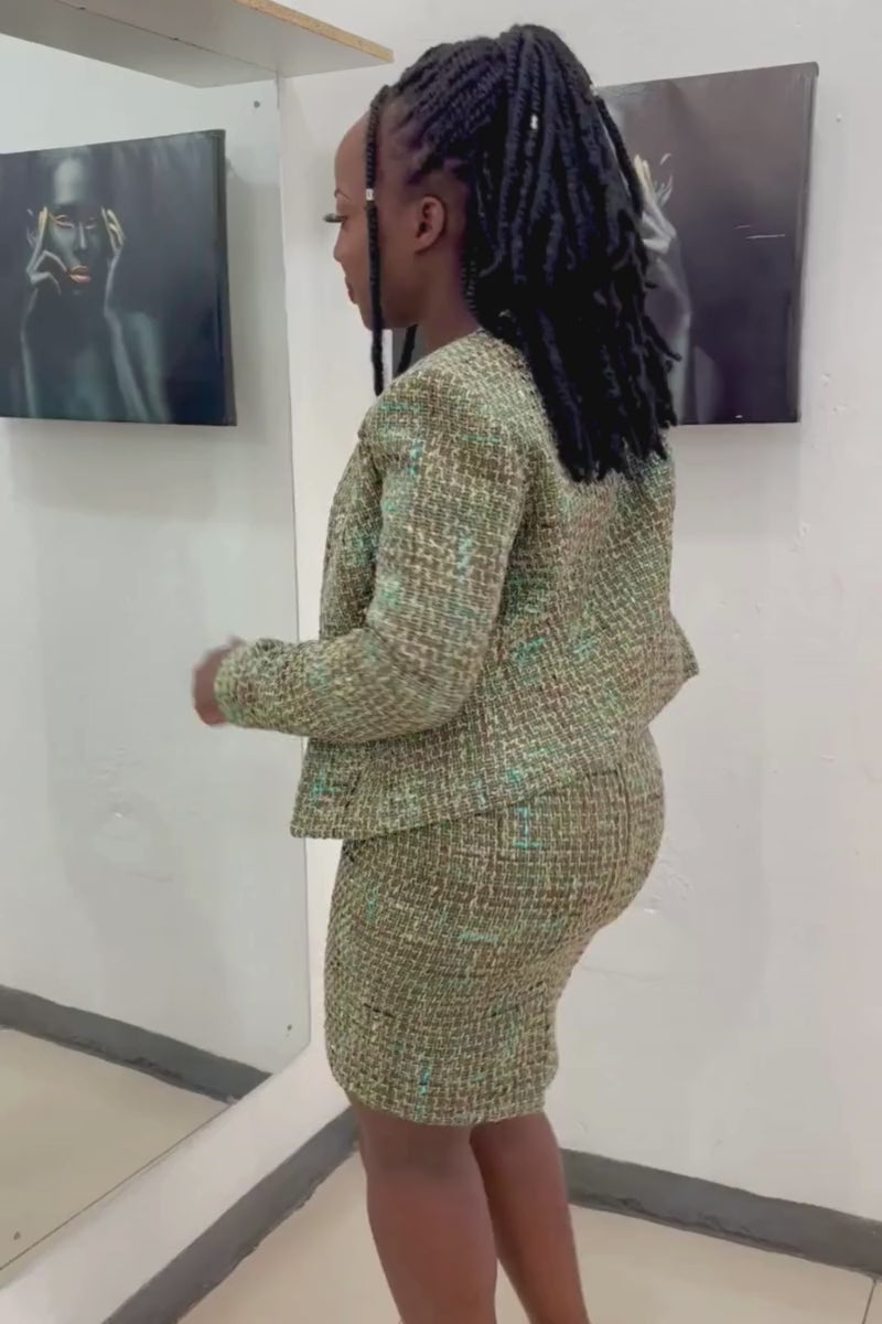 tweed suit with mini skirt and jacket with no lapels- lolini vogue