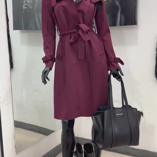 burgundy flowy trench coat with super soft fabric- lolini vogue