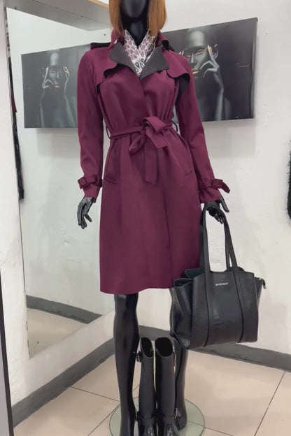 burgundy flowy trench coat with super soft fabric- lolini vogue