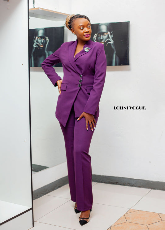 purple classic pant suit with tailor fitted jacket