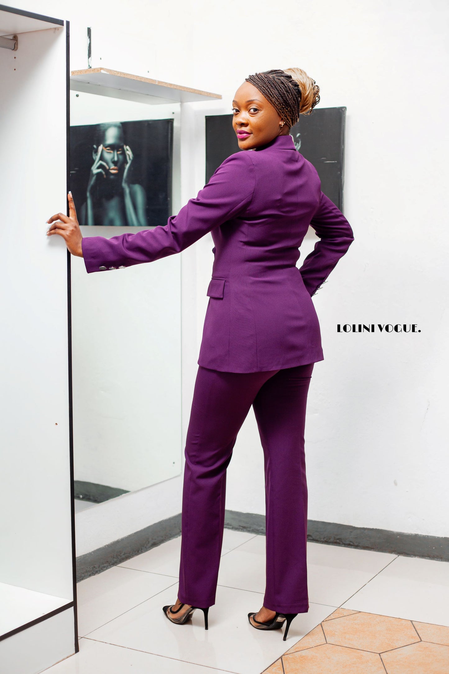 purple classic pant suit with tailor fitted jacket